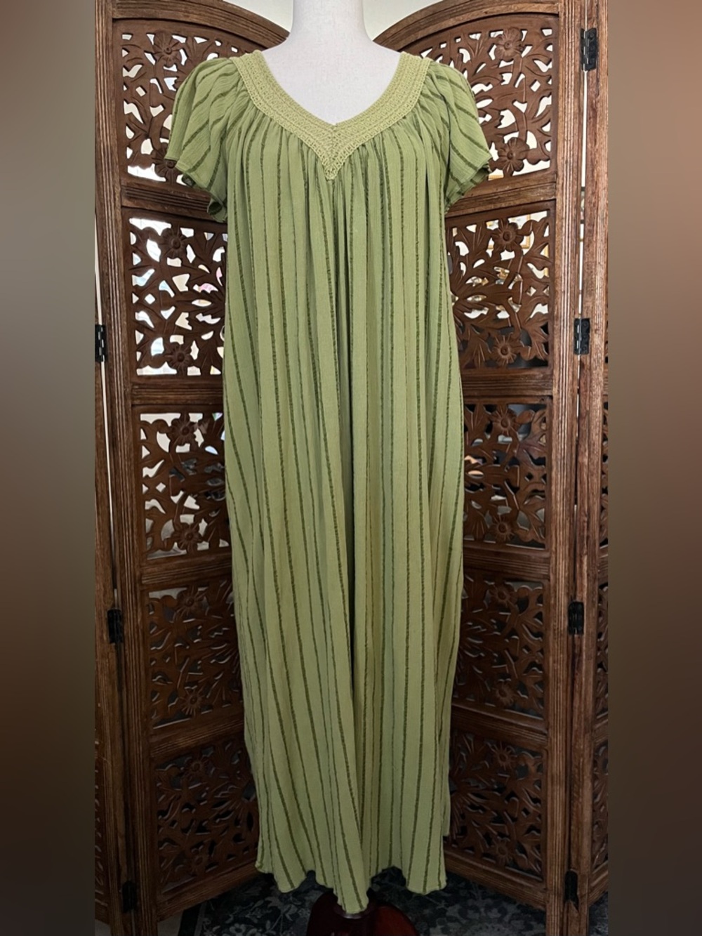 Soft Surroundings Olive Green Crochet-Trim Peasant Maxi Dress Women’s Sz M